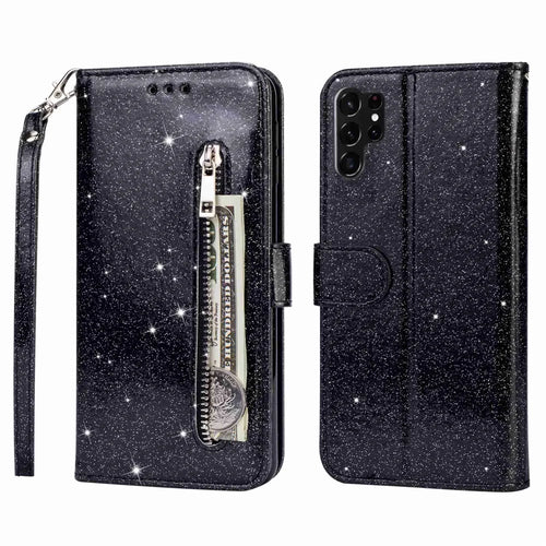 For Samsung Galaxy S24 Ultra Leather Case Zipper Pocket Glittery Phone Stand Cover - Black - 1