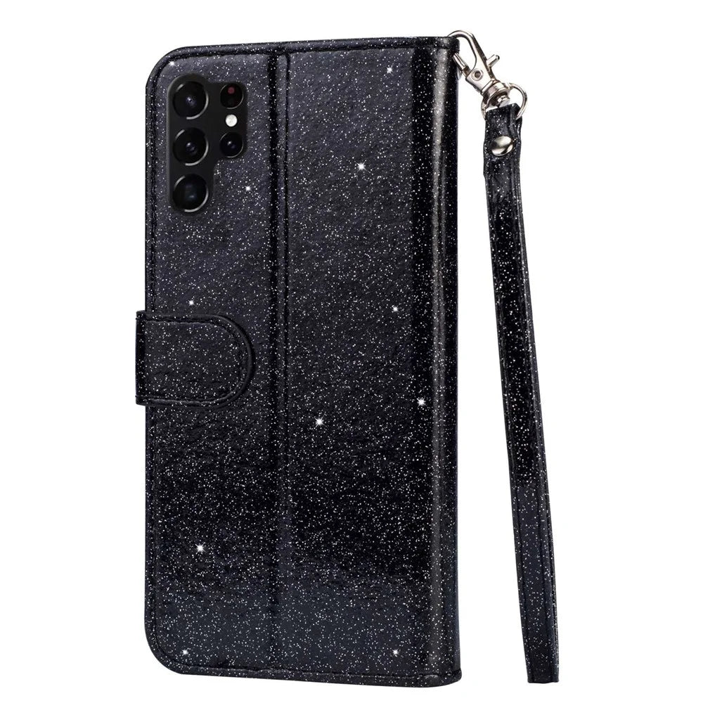 For Samsung Galaxy S24 Ultra Leather Case Zipper Pocket Glittery Phone Stand Cover - Black - 7