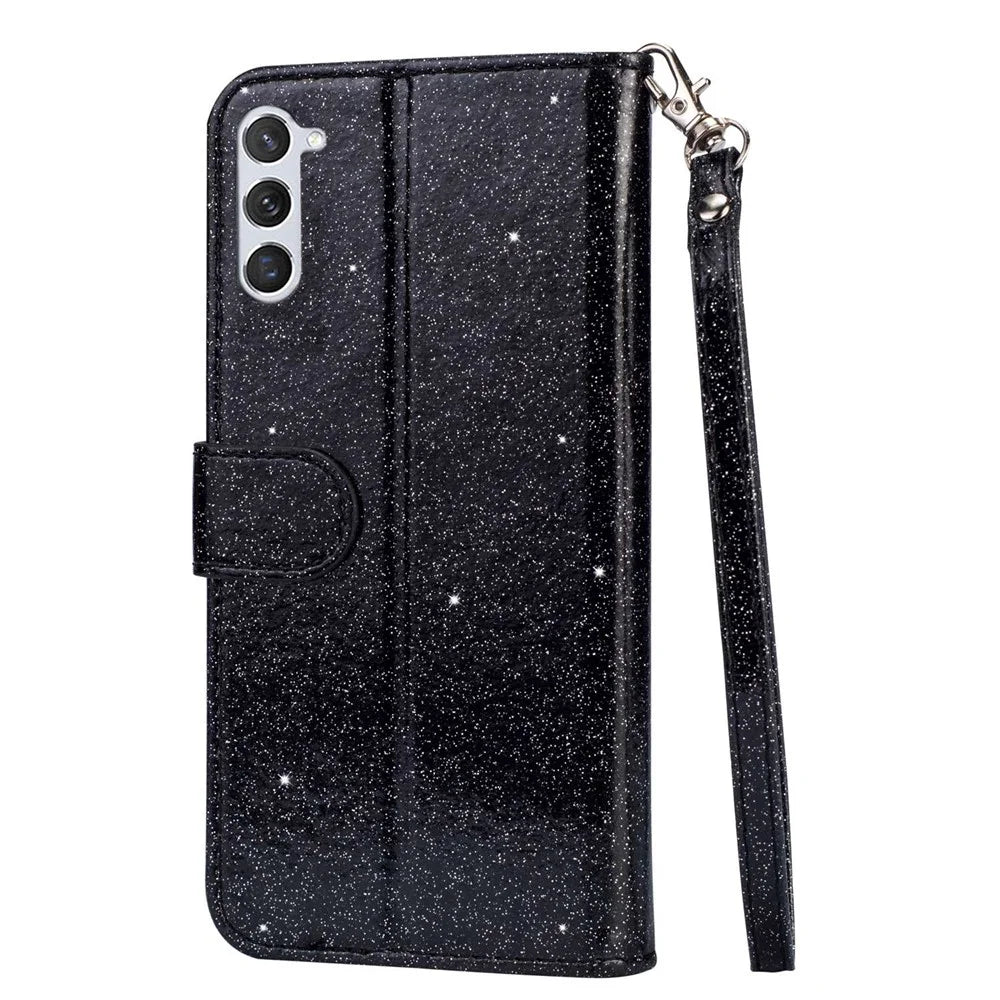 For Samsung Galaxy S24 Case Glittery Phone Wallet Cover with Zipper Pocket - Black - 7