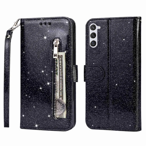 For Samsung Galaxy S24+ Case Zipper Pocket Glittery Leather Phone Cover - Black - 1