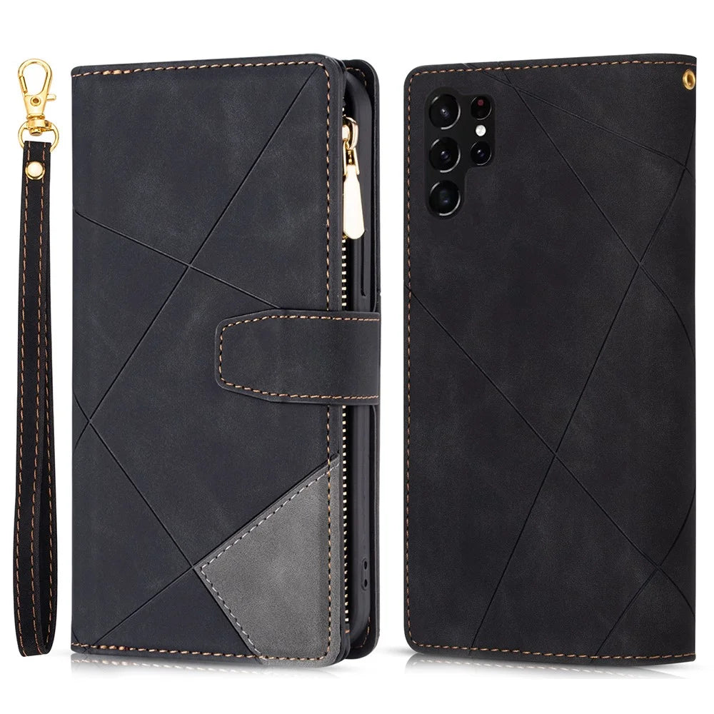 For Samsung Galaxy S24 Ultra Case PU Leather Zipper Pocket Lines Imprinted Cover - Black - 1
