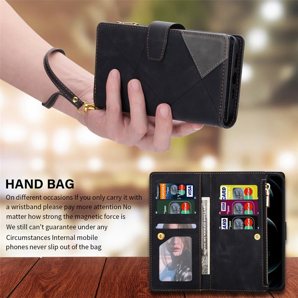For Samsung Galaxy S24 Ultra Case PU Leather Zipper Pocket Lines Imprinted Cover - Black - 7