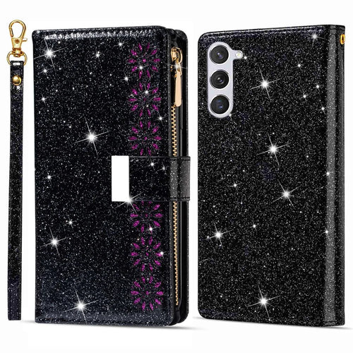 For Samsung Galaxy S24+ Case Zipper Wallet Glittery Leather Phone Cover - Black - 1