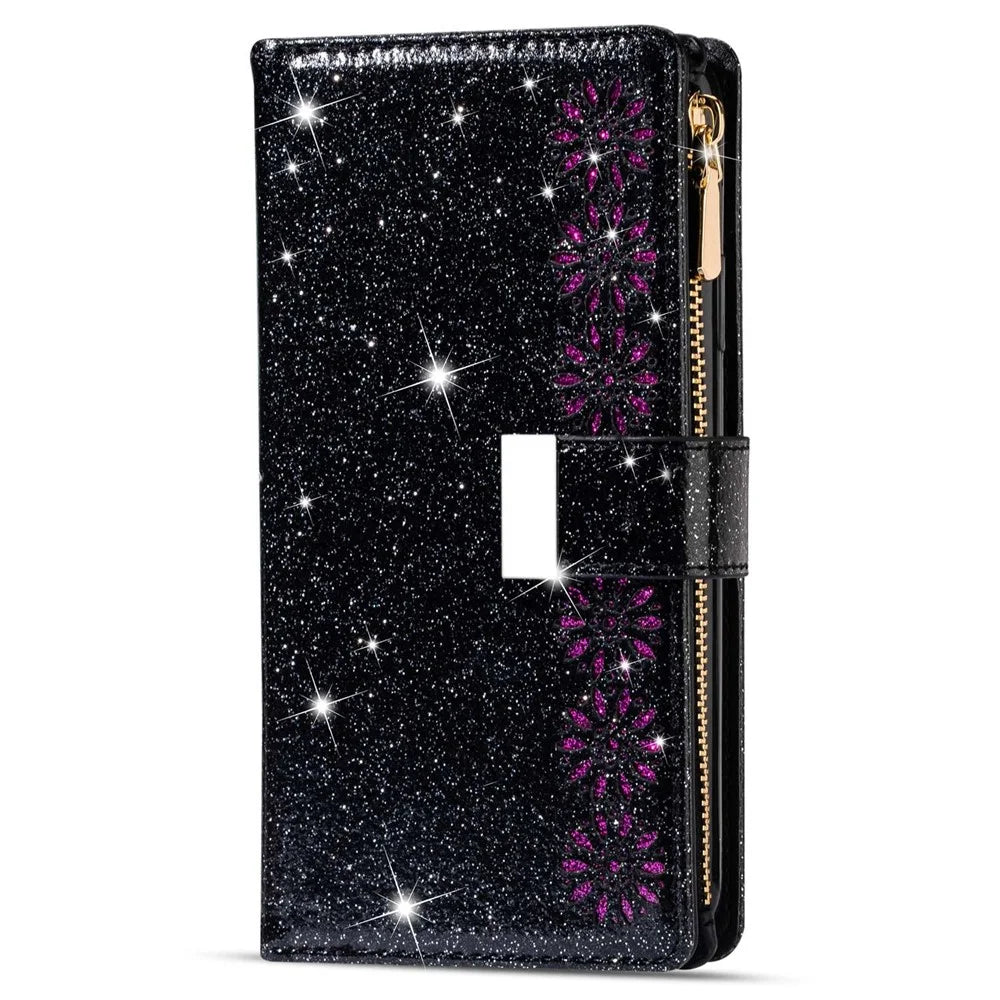 For Samsung Galaxy S24+ Case Zipper Wallet Glittery Leather Phone Cover - Black - 7