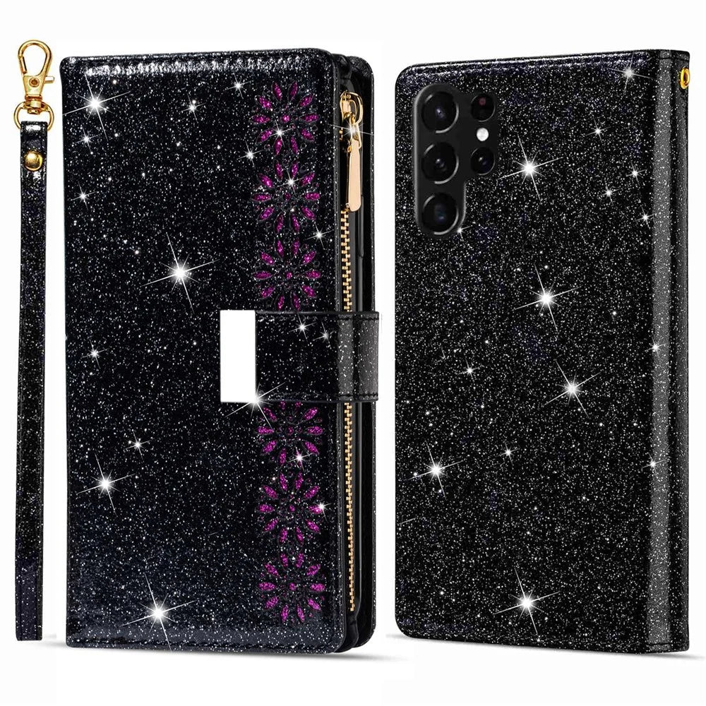 For Samsung Galaxy S24 Ultra Leather Case Zipper Wallet Glittery Phone Cover - Black - 1