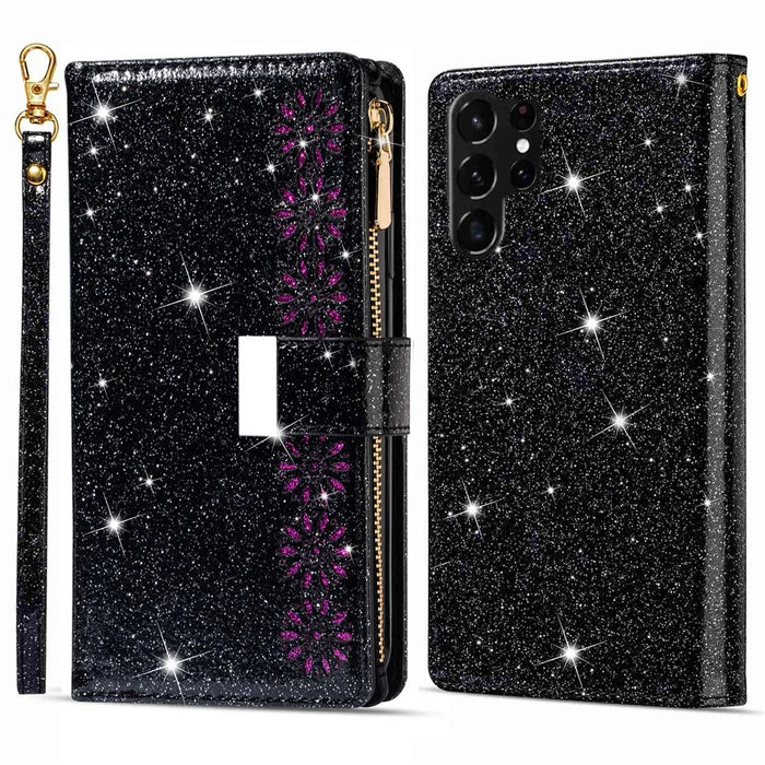 For Samsung Galaxy S24 Ultra Leather Case Zipper Wallet Glittery Phone Cover - Black - 1