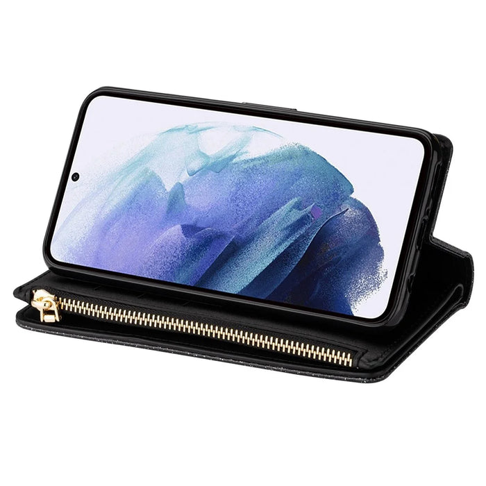 For Samsung Galaxy S24 Ultra Leather Case Zipper Wallet Glittery Phone Cover - Black - 2