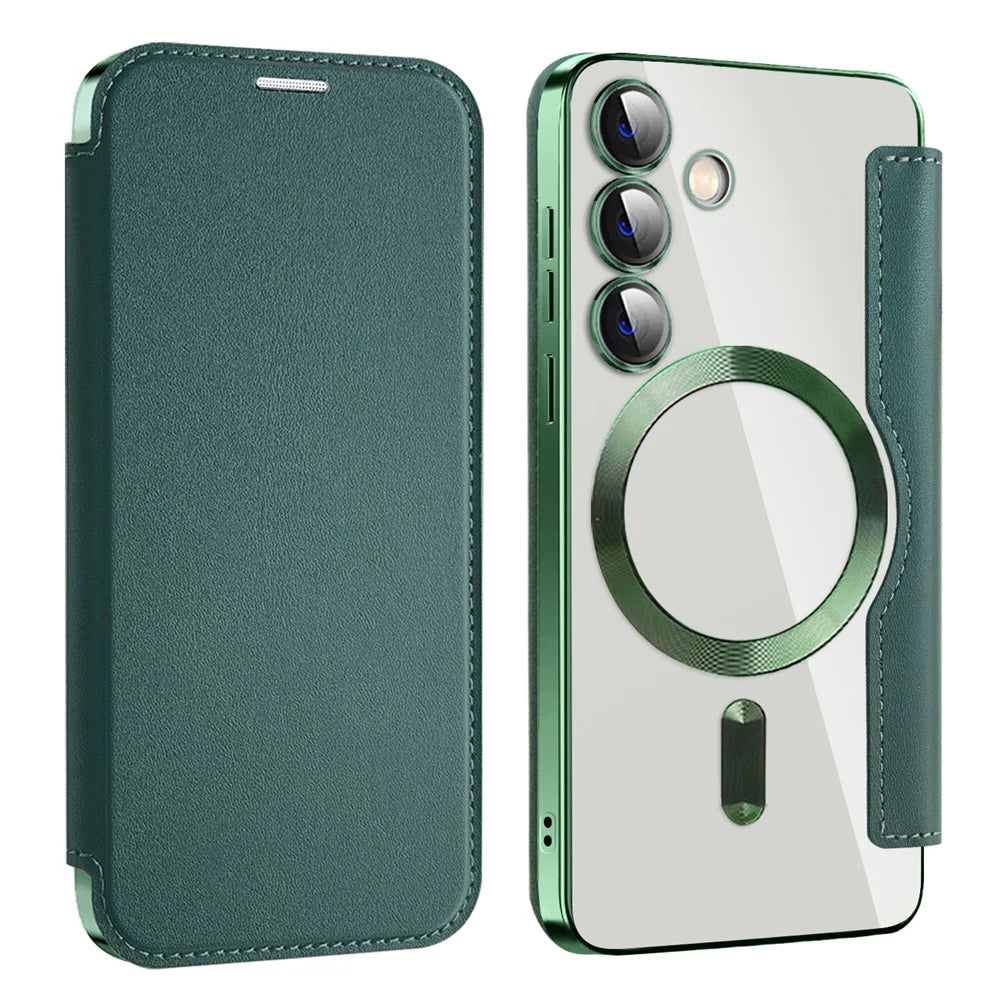 For Samsung Galaxy S24 Clear Case Magnetic Case RFID Blocking Electroplating Phone Cover - Blackish Green - 1