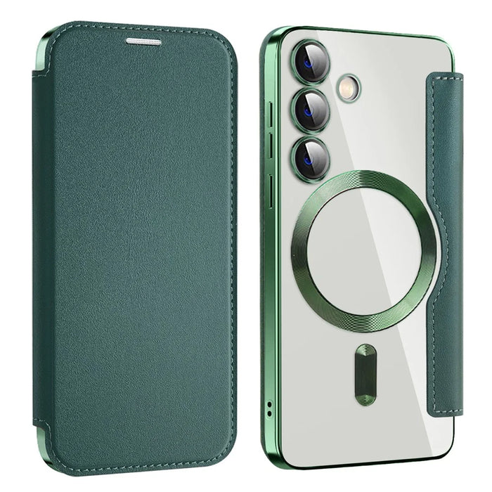 For Samsung Galaxy S24 Clear Case Magnetic Case RFID Blocking Electroplating Phone Cover - Blackish Green - 1