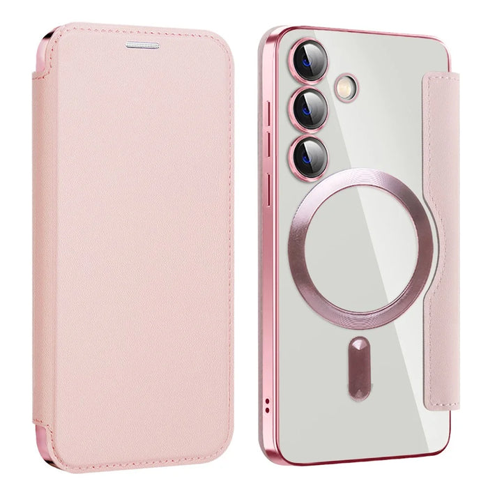 For Samsung Galaxy S24+ Clear Case RFID Blocking Electroplating Phone Case Magnetic Case - Pink - 1