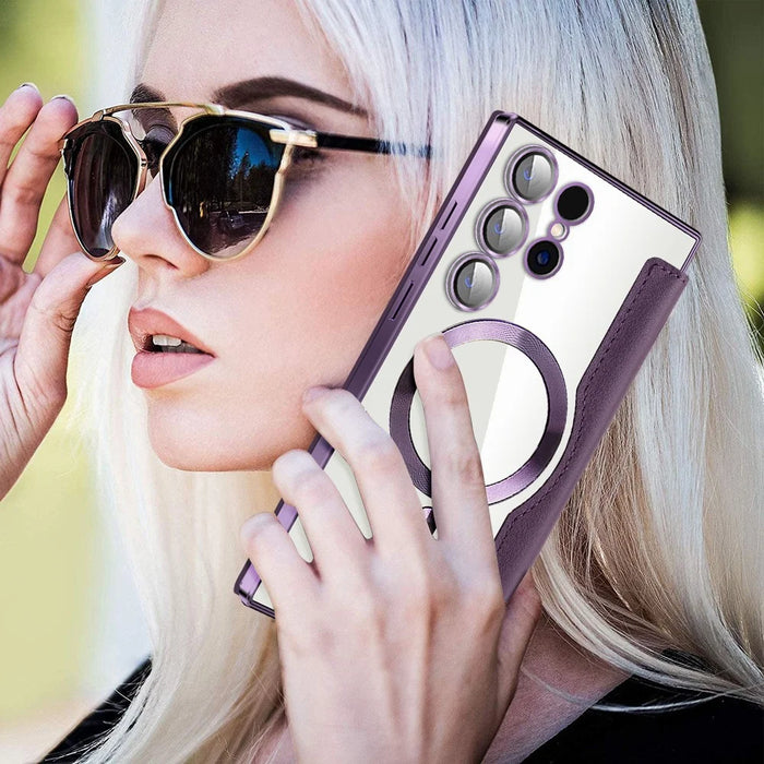 For Samsung Galaxy S24 Ultra Case Magnetic Case Electroplating RFID Blocking Clear Phone Cover - Purple - 7