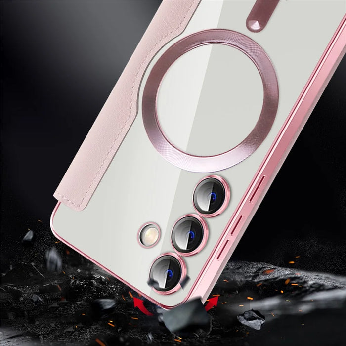 For Samsung Galaxy S24 Magnetic Case Card Holder Phone Cover - Pink - 6
