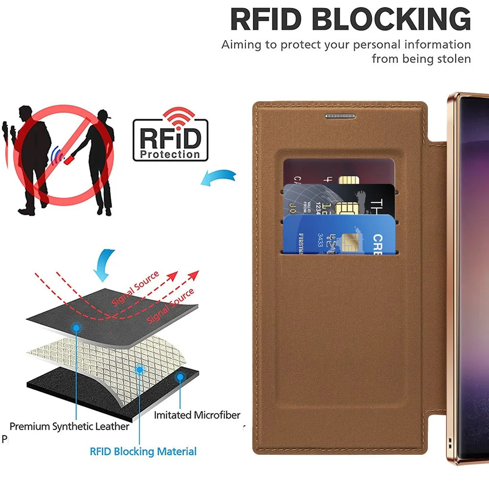 For Samsung Galaxy S24 Ultra Case Anti-Drop PU Leather Phone Cover Magnetic Case - Brown - 5