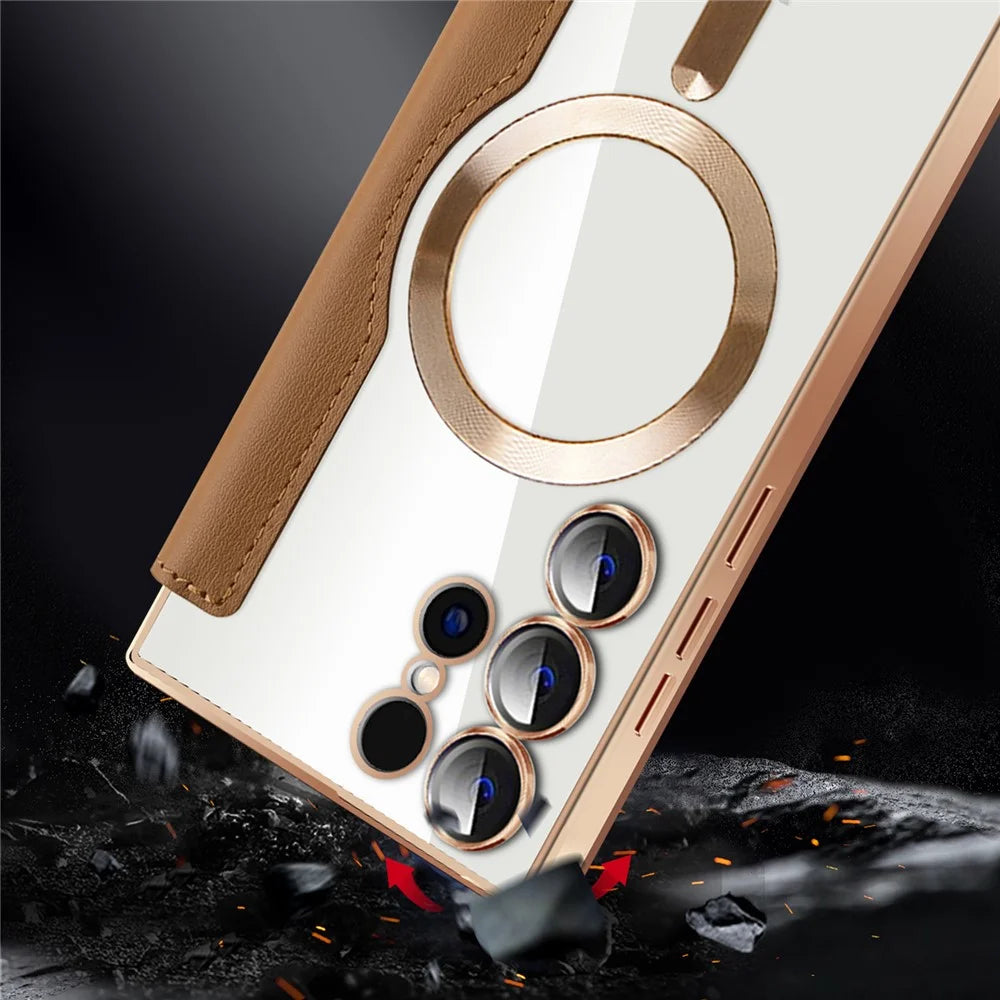For Samsung Galaxy S24 Ultra Case Anti-Drop PU Leather Phone Cover Magnetic Case - Brown - 6