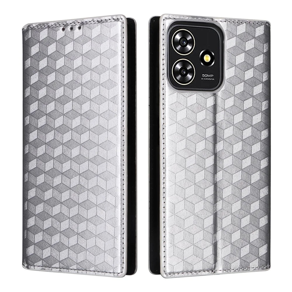 For ZTE Blade A73 4G / Blade V50 Smart / Blade V50 Desig 4G / Axon 50 Lite Wallet Phone Case Rhombus Imprinted PU Leather Folio Flip Cover - Silver - 1