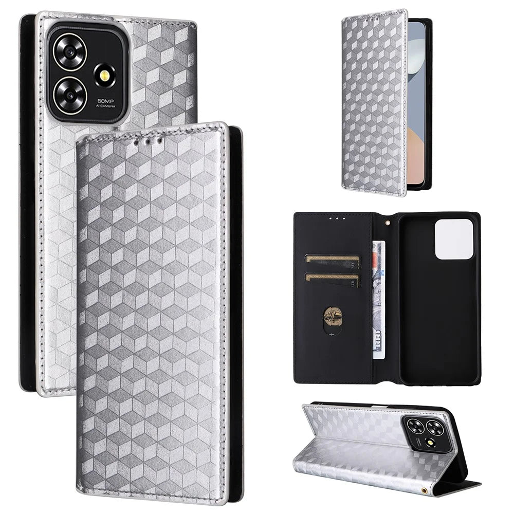 For ZTE Blade A73 4G / Blade V50 Smart / Blade V50 Desig 4G / Axon 50 Lite Wallet Phone Case Rhombus Imprinted PU Leather Folio Flip Cover - Silver - 5