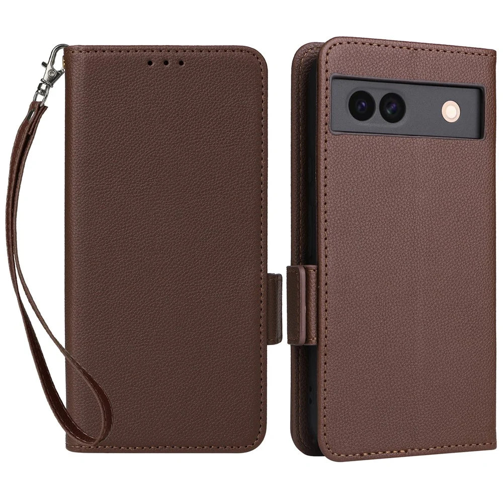 For Google Pixel 8a Case Shockproof Wallet Phone Case Litchi Texture PU Leather Flip Cover with Strap - Brown - 1