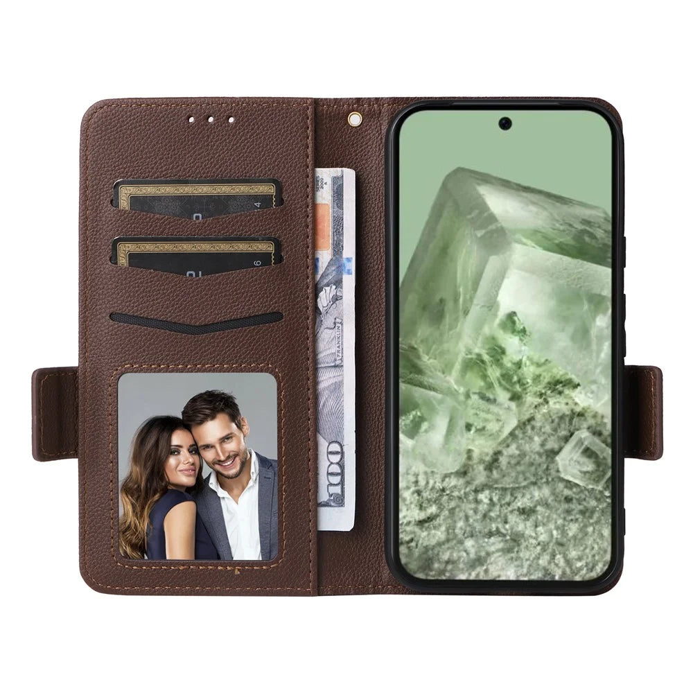 For Google Pixel 8a Case Shockproof Wallet Phone Case Litchi Texture PU Leather Flip Cover with Strap - Brown - 2
