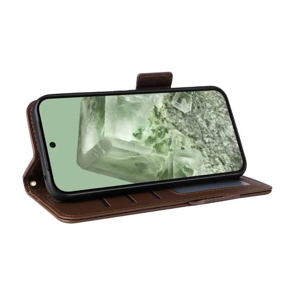 For Google Pixel 8a Case Shockproof Wallet Phone Case Litchi Texture PU Leather Flip Cover with Strap - Brown - 3