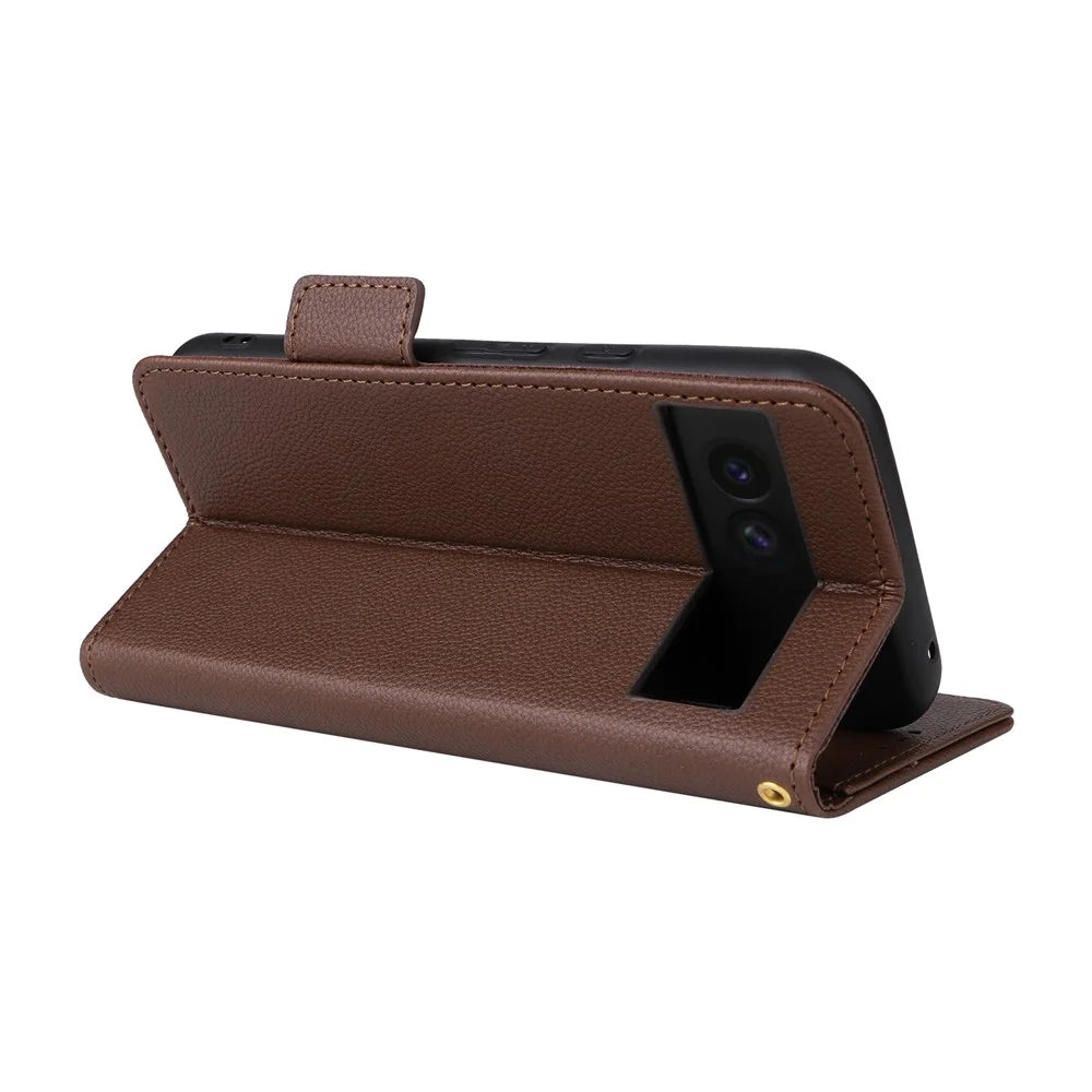 For Google Pixel 8a Case Shockproof Wallet Phone Case Litchi Texture PU Leather Flip Cover with Strap - Brown - 4