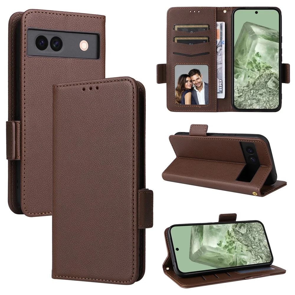 For Google Pixel 8a Case Shockproof Wallet Phone Case Litchi Texture PU Leather Flip Cover with Strap - Brown - 7