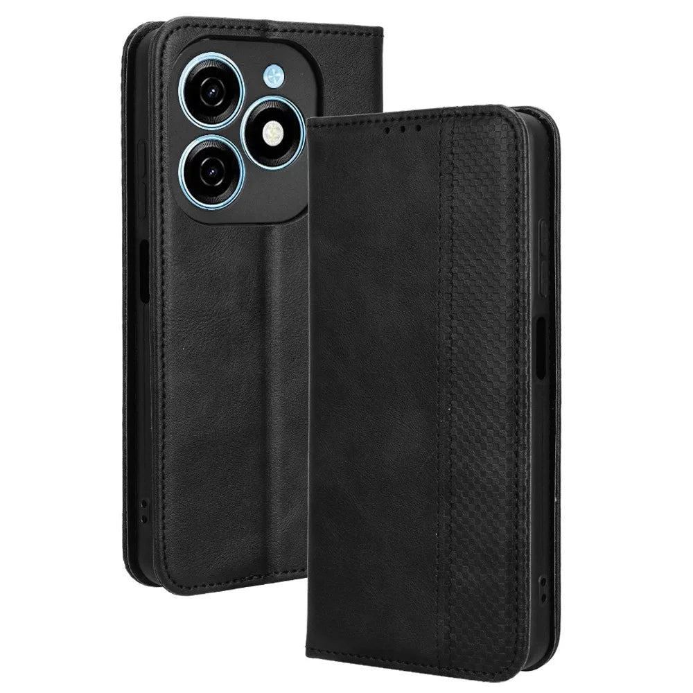 For TECNO Spark 20 KJ5 / Infinix Smart 8 Plus X6526 Cell Phone Case Imprint Retro PU Leather Stand Wallet Cover - Black - 1