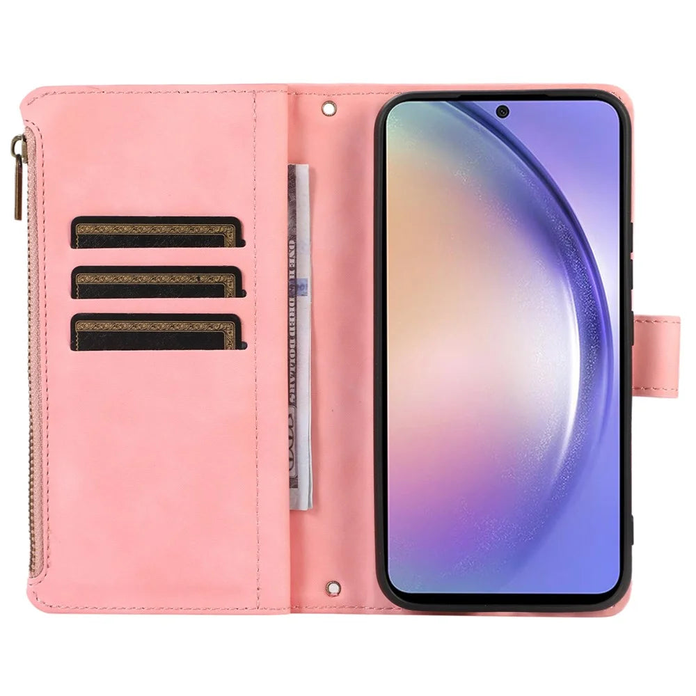 For Samsung Galaxy A25 5G (Global) (161.0 x 76.5 x 8.3mm) Case Imprint PU Leather 9 Card Slots Wallet Phone Cover - Rose Gold - 2