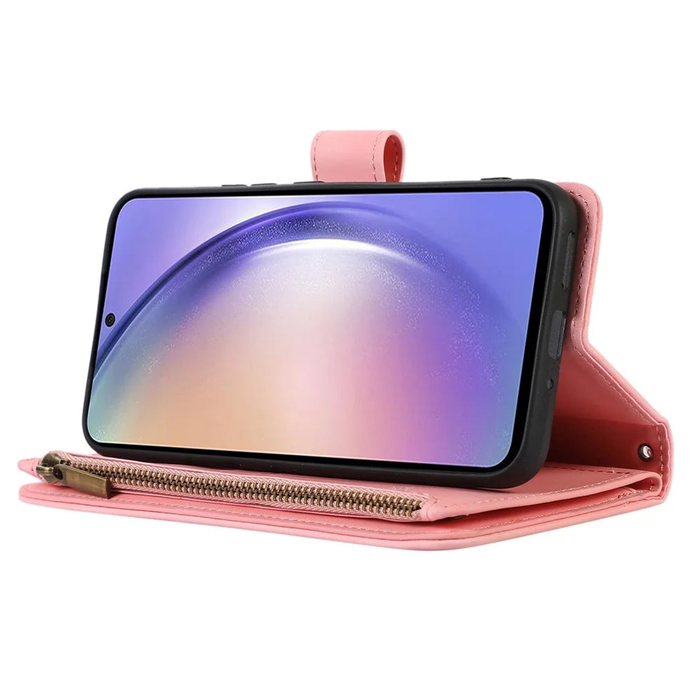 For Samsung Galaxy A25 5G (Global) (161.0 x 76.5 x 8.3mm) Case Imprint PU Leather 9 Card Slots Wallet Phone Cover - Rose Gold - 3