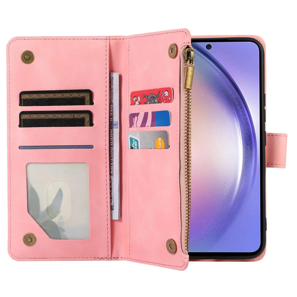 For Samsung Galaxy A25 5G (Global) (161.0 x 76.5 x 8.3mm) Case Imprint PU Leather 9 Card Slots Wallet Phone Cover - Rose Gold - 5