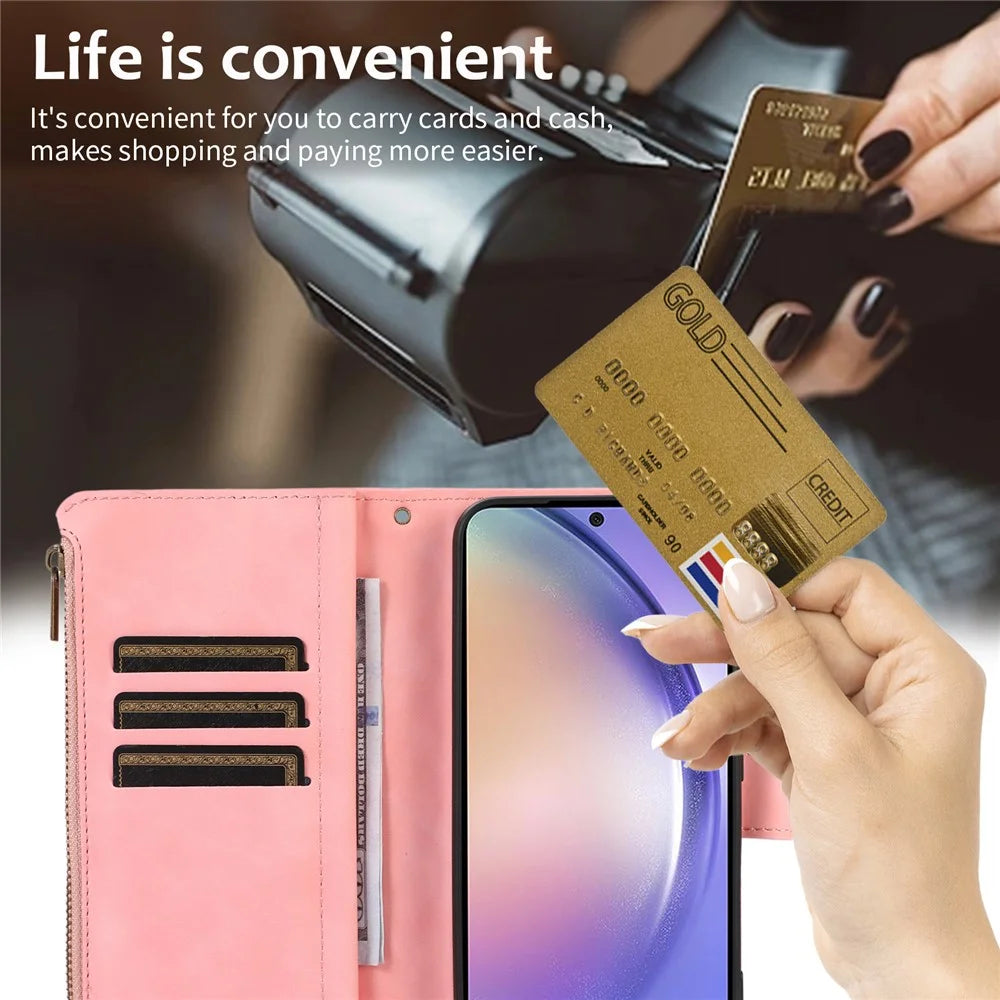 For Samsung Galaxy A25 5G (Global) (161.0 x 76.5 x 8.3mm) Case Imprint PU Leather 9 Card Slots Wallet Phone Cover - Rose Gold - 6