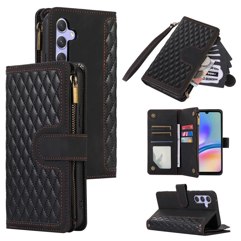 For Samsung Galaxy A05s 4G Case Zipper Leather Rhombus Grid Imprinted Phone Protector - Black - 1