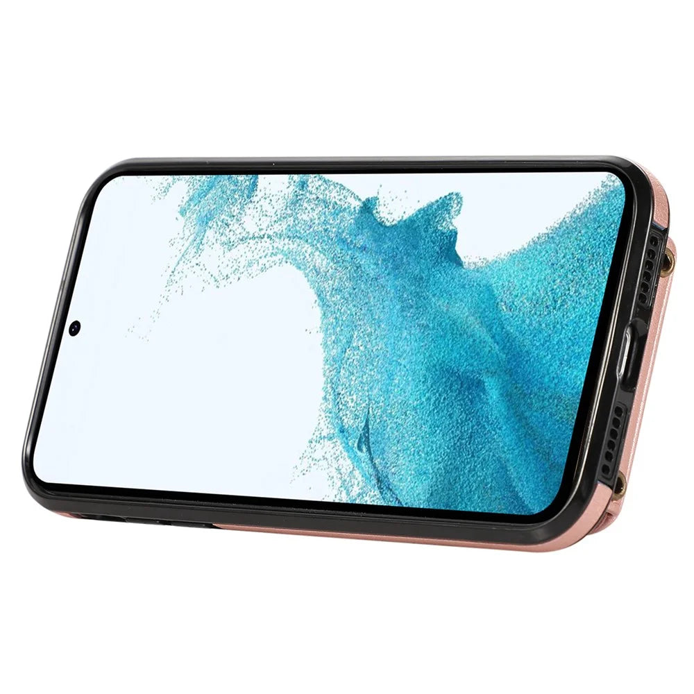 For Samsung Galaxy S22+ 5G Case Kickstand Slim-Fit TPU+PU Leather Mobile Phone Cover - Rose Gold - 2