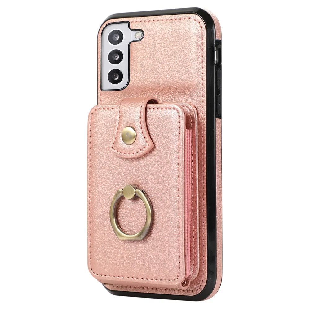 For Samsung Galaxy S22+ 5G Case Kickstand Slim-Fit TPU+PU Leather Mobile Phone Cover - Rose Gold - 4