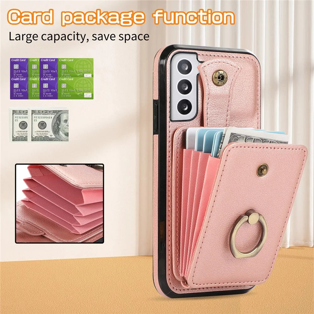 For Samsung Galaxy S22+ 5G Case Kickstand Slim-Fit TPU+PU Leather Mobile Phone Cover - Rose Gold - 6