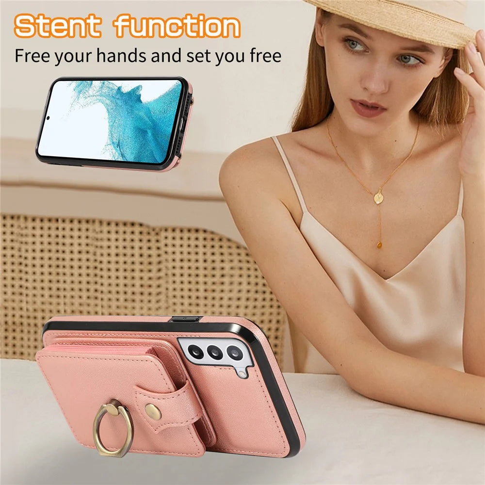 For Samsung Galaxy S22+ 5G Case Kickstand Slim-Fit TPU+PU Leather Mobile Phone Cover - Rose Gold - 7
