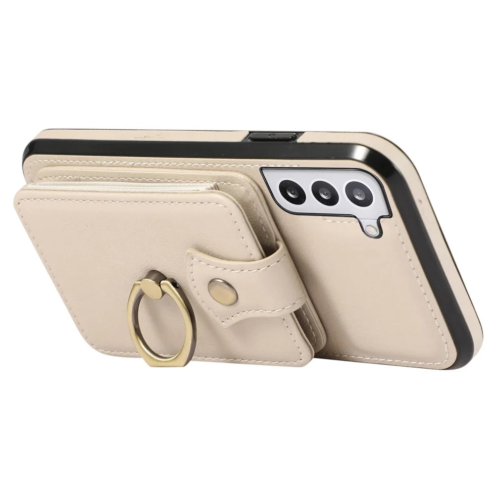 For Samsung Galaxy S23 Case TPU+PU Leather Slim-Fit Mobile Phone Cover with Kickstand - Beige - 3