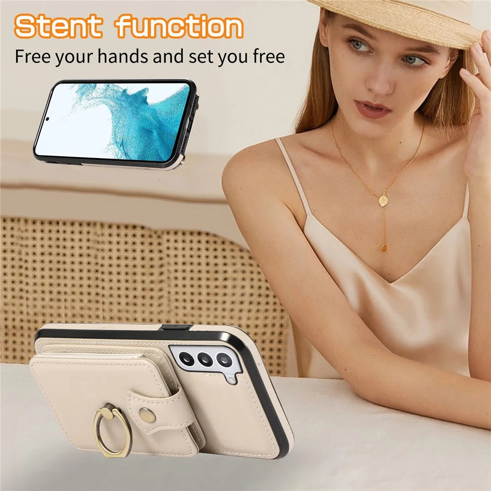 For Samsung Galaxy S23 Case TPU+PU Leather Slim-Fit Mobile Phone Cover with Kickstand - Beige - 7