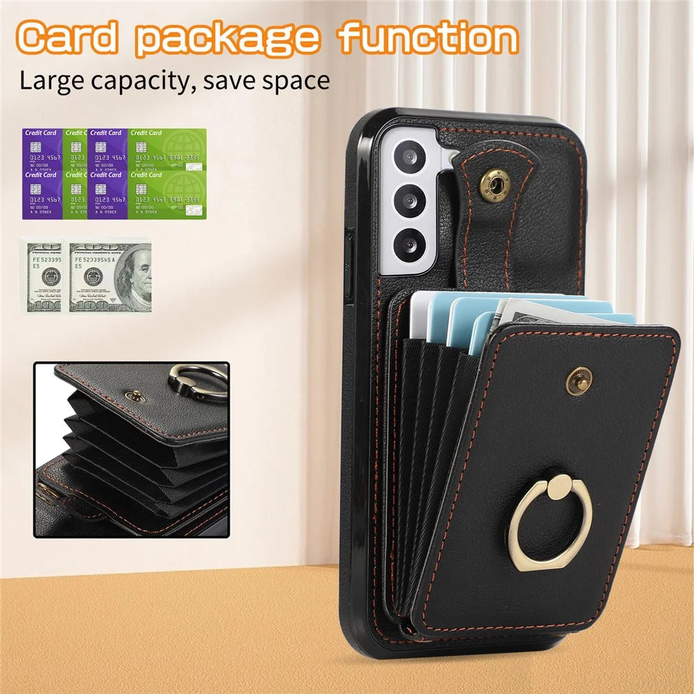 For Samsung Galaxy S22 5G Case RFID Blocking Kickstand Mobile Phone Cover TPU+PU Leather Phone Shell - Black - 6