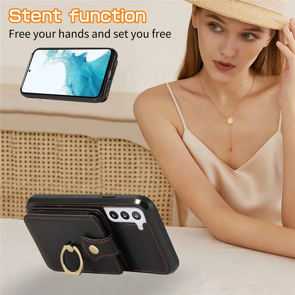 For Samsung Galaxy S22 5G Case RFID Blocking Kickstand Mobile Phone Cover TPU+PU Leather Phone Shell - Black - 7