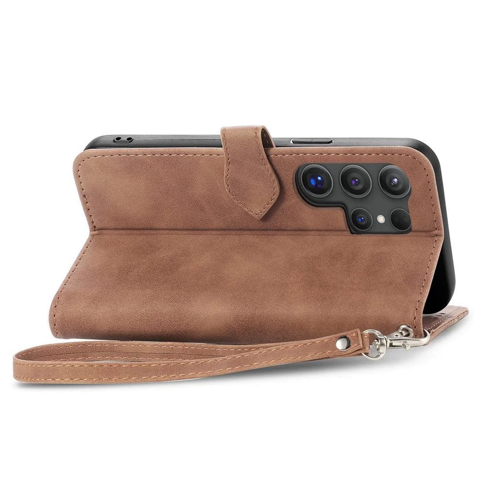 For Samsung Galaxy S24 Ultra Zipper Wallet Case with Strap Flower Imprint PU Leather Phone Cover - Brown - 4