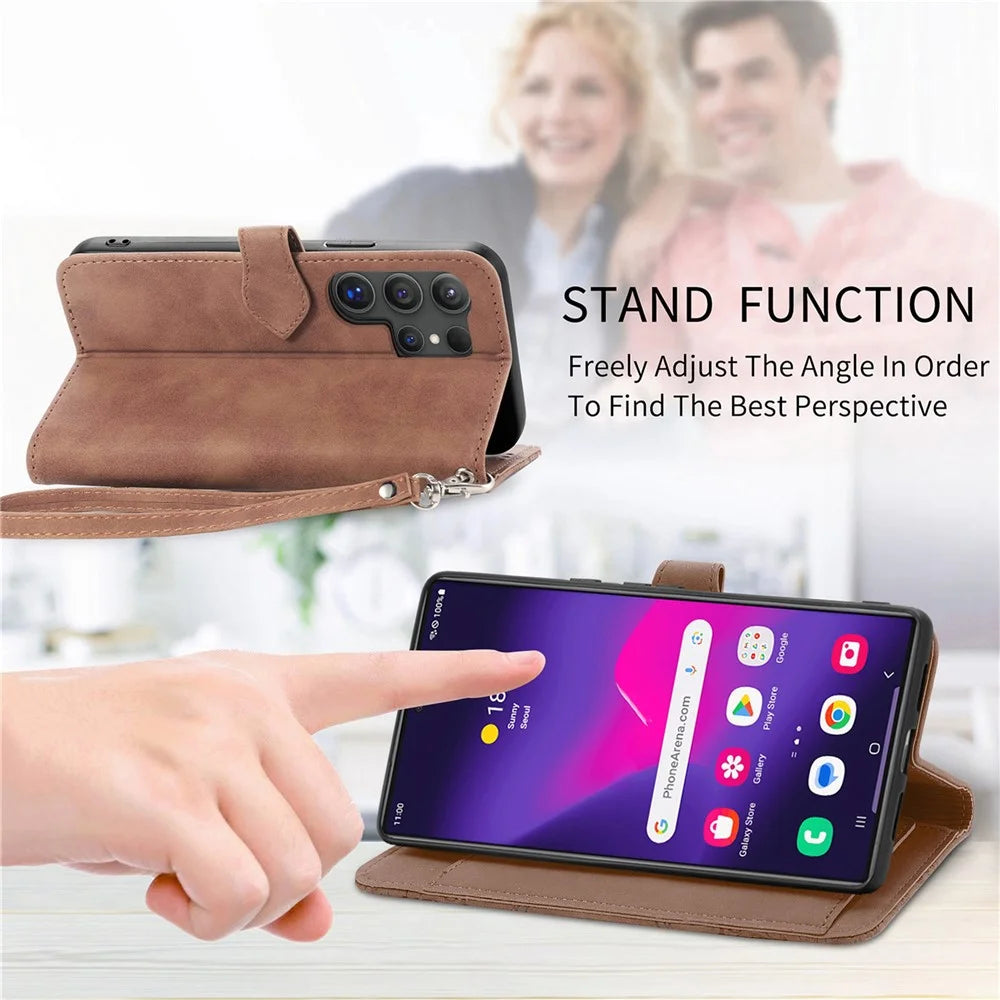 For Samsung Galaxy S24 Ultra Zipper Wallet Case with Strap Flower Imprint PU Leather Phone Cover - Brown - 5