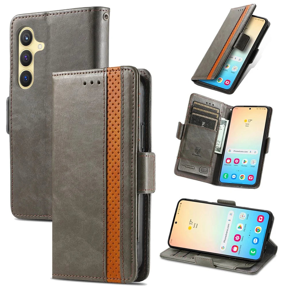 For Samsung Galaxy S24 Phone Cases CASENEO PU Leather Cover Stand with RFID Blocking Wallet - Grey - 5