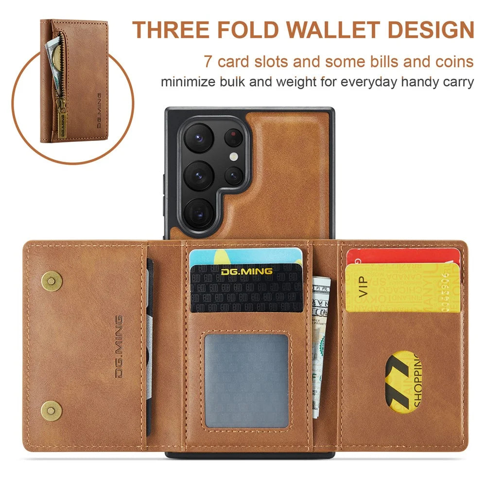 DG.MING M5 Series For Samsung Galaxy S22 Ultra 5G Case RFID Blocking Wallet Phone Cover - Brown - 3