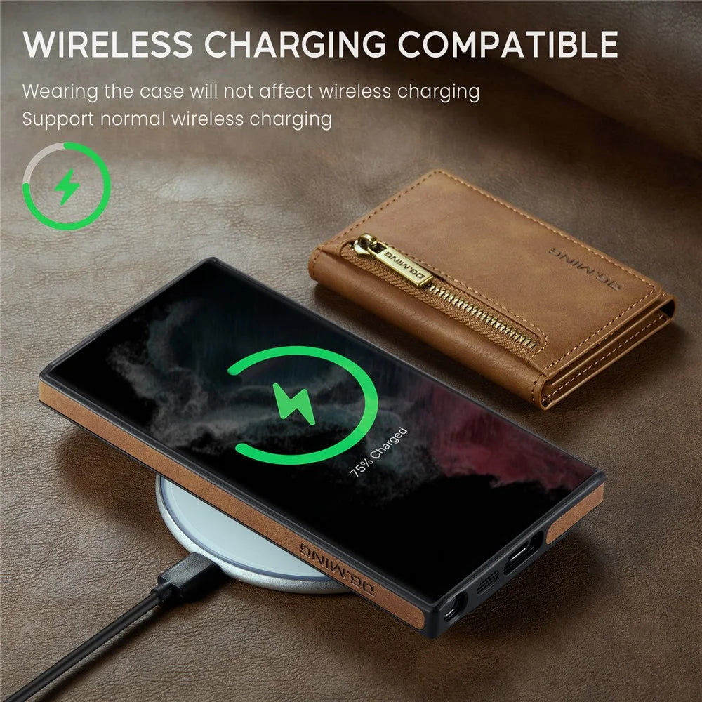 DG.MING M5 Series For Samsung Galaxy S22 Ultra 5G Case RFID Blocking Wallet Phone Cover - Brown - 5