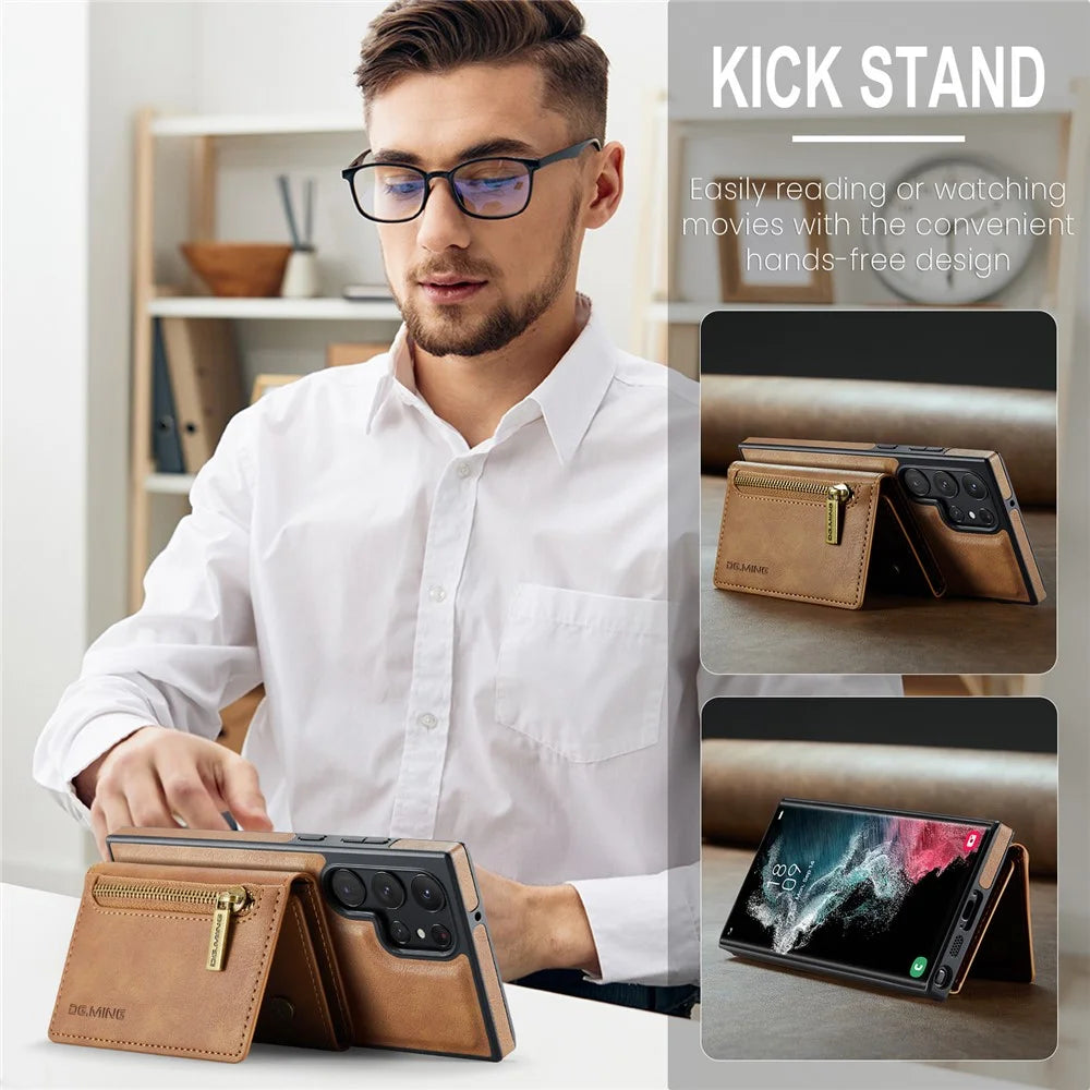 DG.MING M5 Series For Samsung Galaxy S22 Ultra 5G Case RFID Blocking Wallet Phone Cover - Brown - 6