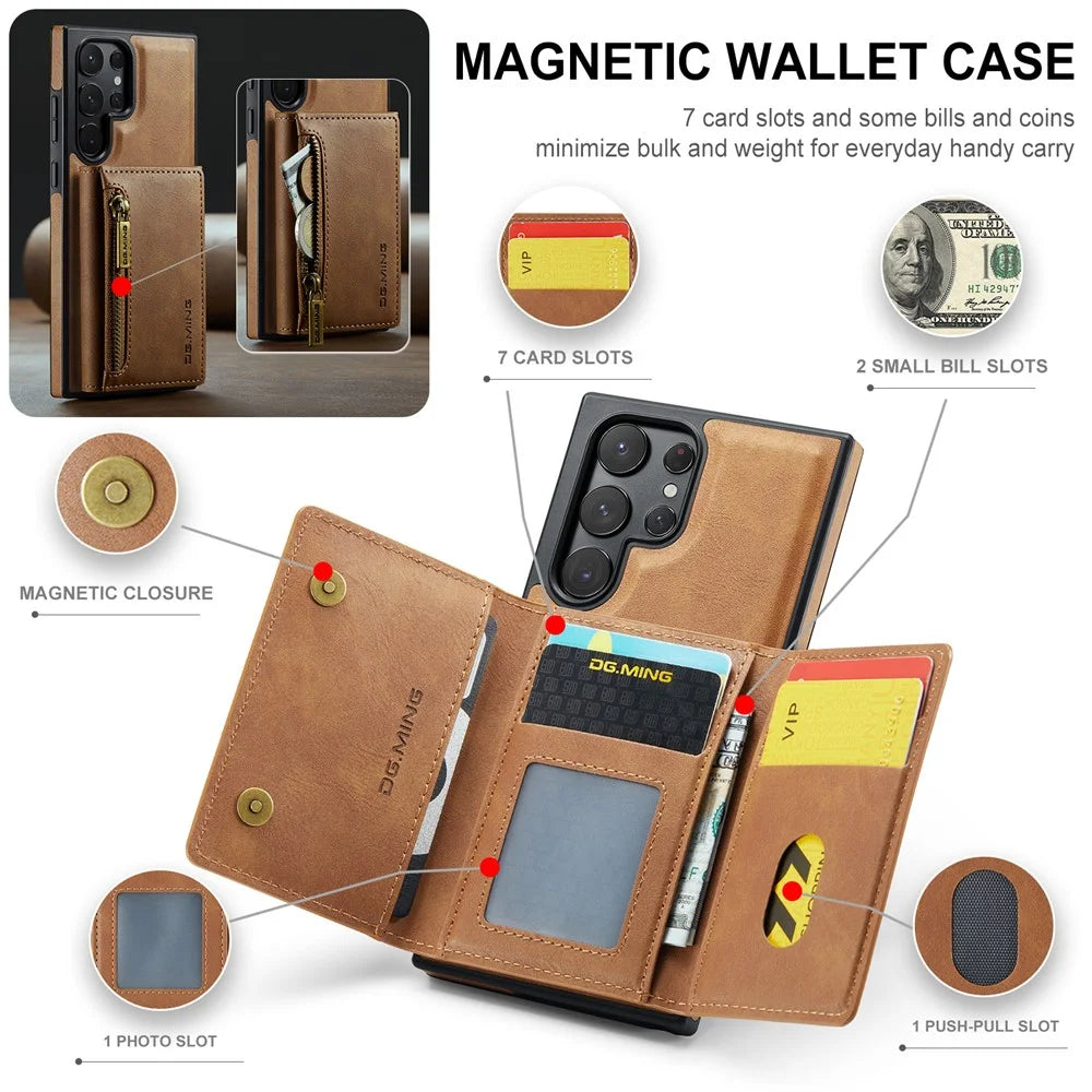DG.MING M5 Series For Samsung Galaxy S22 Ultra 5G Case RFID Blocking Wallet Phone Cover - Brown - 7