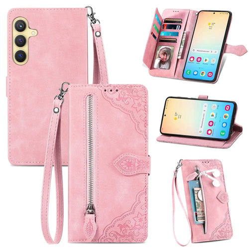 For Samsung Galaxy S24 Zipper Wallet Case with Strap Flower Imprint PU Leather Phone Cover - Pink - 1