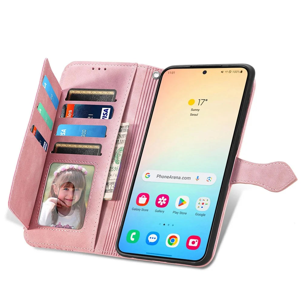 For Samsung Galaxy S24 Zipper Wallet Case with Strap Flower Imprint PU Leather Phone Cover - Pink - 2