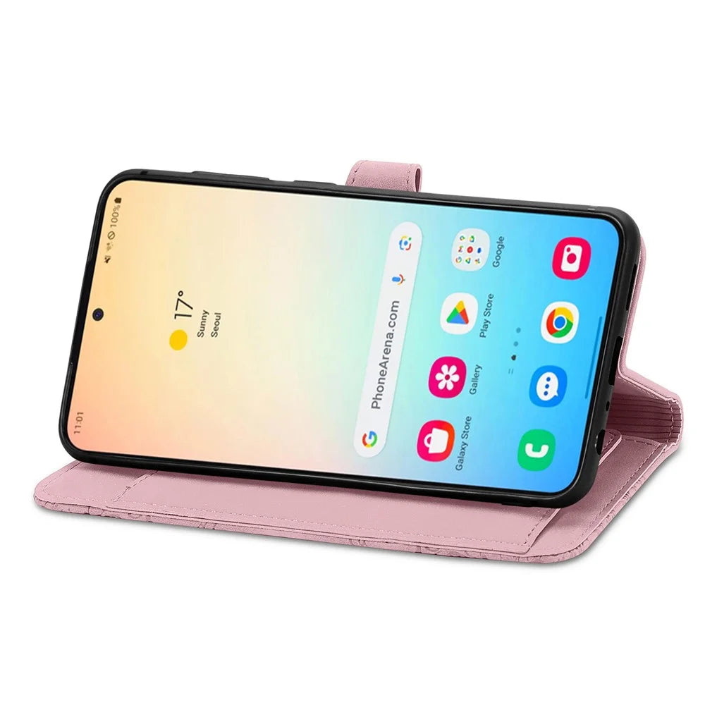 For Samsung Galaxy S24 Zipper Wallet Case with Strap Flower Imprint PU Leather Phone Cover - Pink - 3