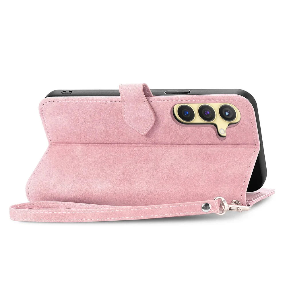 For Samsung Galaxy S24 Zipper Wallet Case with Strap Flower Imprint PU Leather Phone Cover - Pink - 4